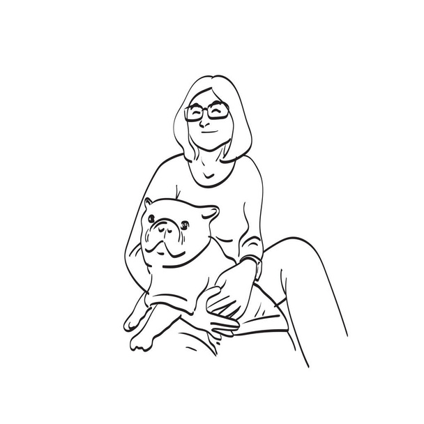 Frau mit Brille umarmt Bulldogge Illustration Vektor isoliert auf weißem Hintergrund Linie Kunst - Vektor, Bild