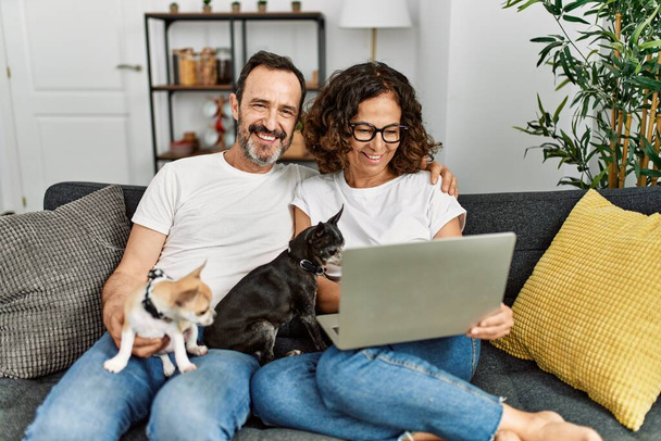 Casal hispânico de meia idade sorrindo feliz e usando laptop. Sentado no sofá com cães em casa. - Foto, Imagem