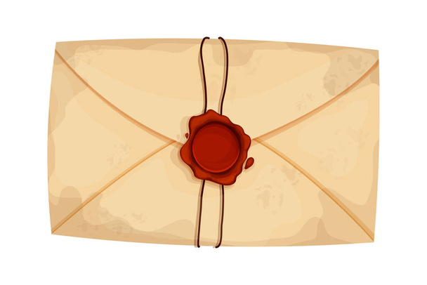 Zarf, kırmızı balmumu mühür ve beyaz arkaplanda izole edilmiş karikatür şeklinde ip. Eski posta, eski posta teslimatı. - Vektör, Görsel