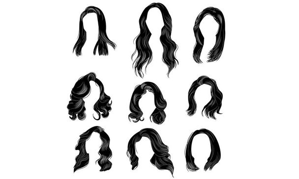 joukko muoti tyttö trendikäs pitkät hiukset musta väri. kauneus muoti. realistinen hiukset graafinen - Vektori, kuva