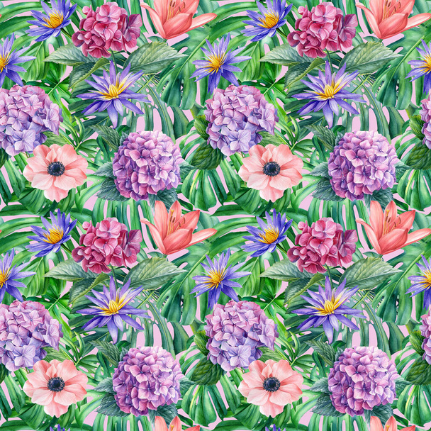  Botanical pattern. Hand drawn watercolor seamless pattern with flowers. Hydrangea, lily, anemone and buttercups - Foto, Bild