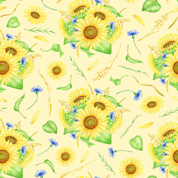 Watercolor flowers seamless pattern. Hand painted sunflower bouquets with cornflowers, greenery and wheat spikelets. Floral repeated illustration on pastel yellow background for wrapping, fabrics. - Fotó, kép