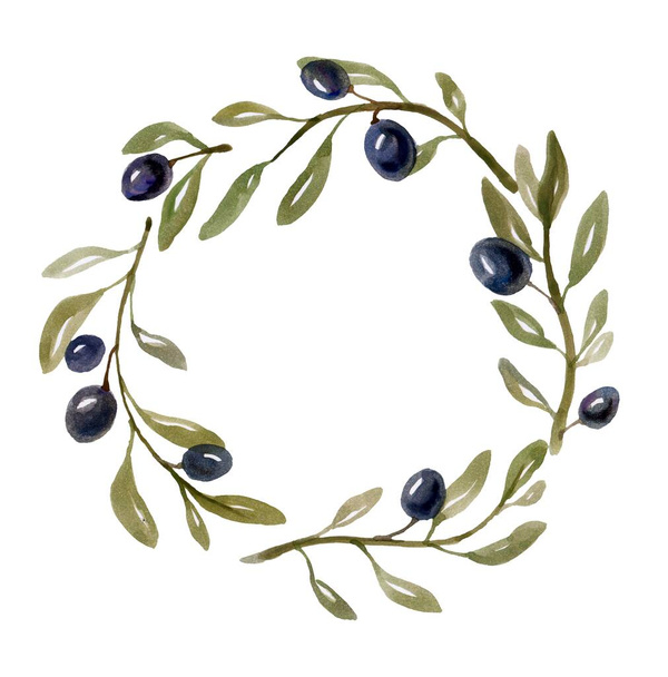 An overhead illustration of olive leaves and olives, forming a frame with copy space on a white background - Zdjęcie, obraz