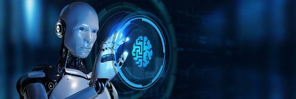Künstliche Intelligenz (KI), maschinelles Lernen und Konzepte moderner Computertechnologien. Roboter drücken Taste auf virtuellem Bildschirm. 3D-Darstellung - Foto, Bild