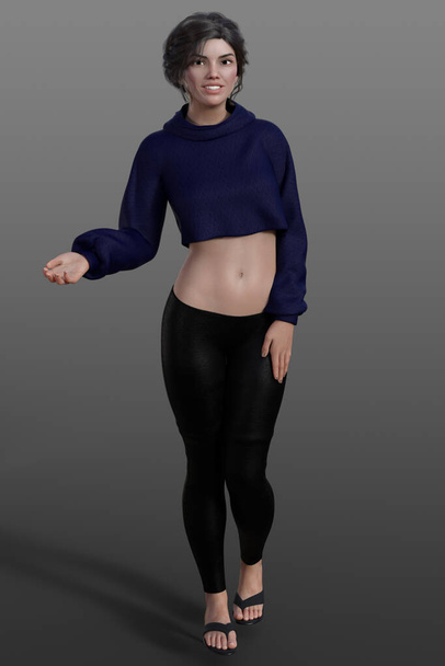 3D-weergave van lachend brunette meisje poseren met haar rechterhand in het aanbod; het dragen van een donkerblauwe trui, zwarte broek en zwarte sandalen. Urban fantasy, jong volwassen gelukkig vrouw met updo-haar stijl. - Foto, afbeelding