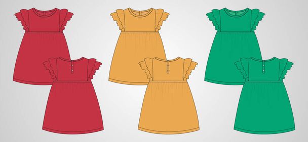 Red, Yellow, green set of collection Baby girls dress design technical Flat sketch vector illustration template. Apparel clothing Mock up front and back views Isolated on Grey Background. - Vektör, Görsel