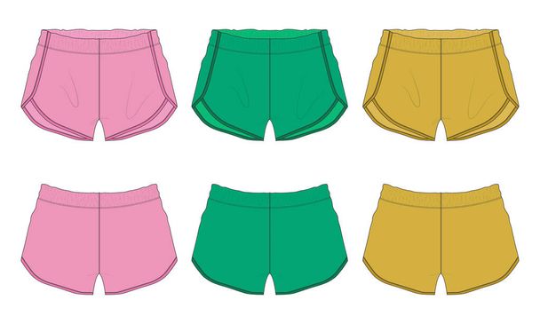 Készlet gyűjtemény Multi színes Rövid nadrág általános technikai divat lapos vázlat Vektor illusztráció sablont a férfiak és a nők. Ruházat pamut szövet sport rövidnadrág Rózsaszín, Zöld, Sárga színű mock up. - Vektor, kép
