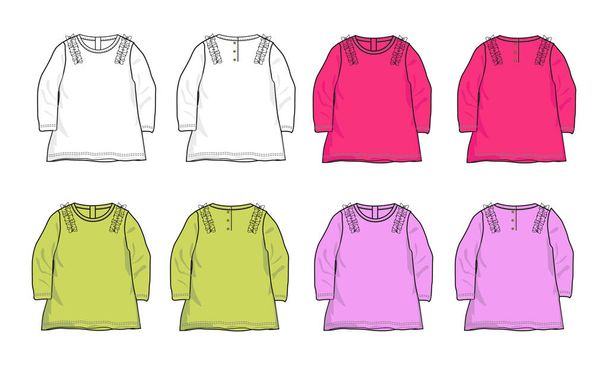 多色フラットスケッチ子供のためのデザインベクトルイラストテンプレートをドレスアップ。ホワイト、ピンク、パープル、グリーンのフロントとバックビューテンプレート. - ベクター画像