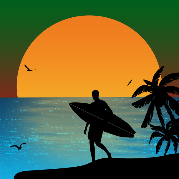 Surfer silhouette on sunset - Vector, afbeelding