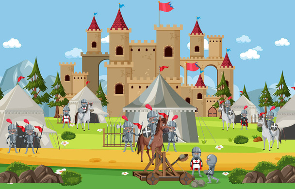 Campo militare medievale con tende e illustrazione di soldati - Vettoriali, immagini