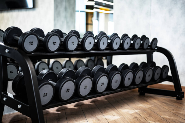 Rows of metal dumbbells on rack for bodybuilding in gym - Photo, image