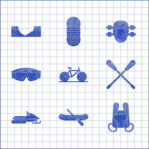 Set Bicicleta, Rafting boat, Paracaídas, Paleta cruzada, Motos de nieve, Gafas de esquí, Rodilleras y Skate park icon. Vector - Vector, Imagen
