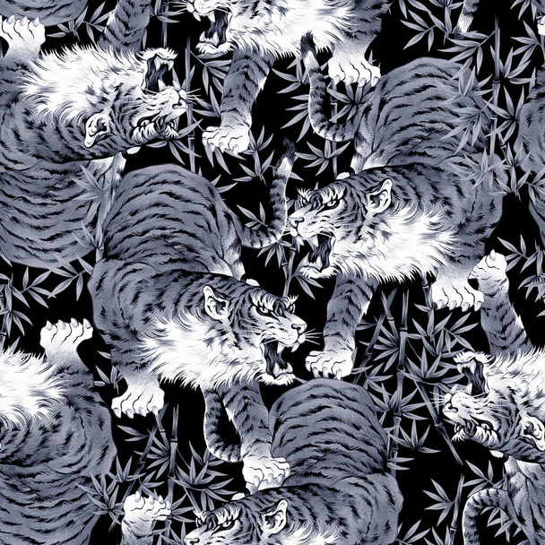 A seamless pattern of Japanese-style hand-painted tigers, - Φωτογραφία, εικόνα