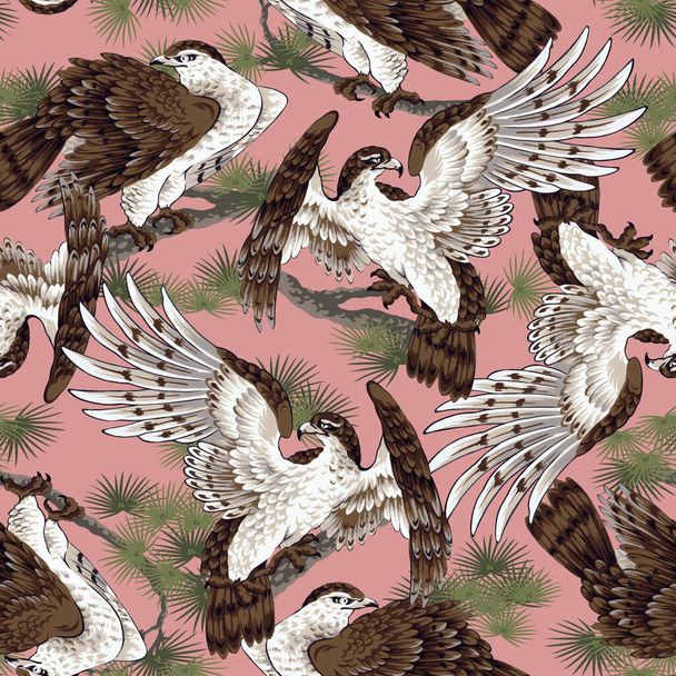 A seamless pattern of Japanese-style hand-painted hawks, - 写真・画像