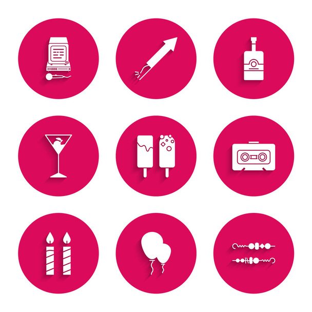 Set Ice cream, Balloons with ribbon, Grilled shish kebab, Retro audio cassette tape, Birthday cake candles, Martini glass, Whiskey bottle and Karaoke icon. Vector - Vector, Image