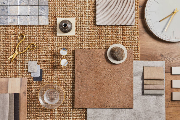 Flat lay of creative architect moodboard composition with samples of building, orange textile and natural materials and personal accessories. Top view, template. - Fotoğraf, Görsel