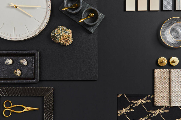 Flat lay composition of creative black architect moodboard with samples of building, textile and natural materials and personal accessories. Top view, black backgroung, template. - Photo, Image