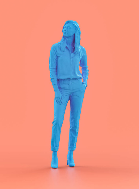 Молодая женщина стоит, синий цвет монохромный человек модель, одноцветная глина человеческая поза, 3d рендеринг - Фото, изображение
