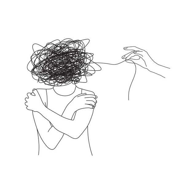Ilustración de salud mental con abrazos de mujer, pelota de línea y manos. Psicoterapia. Apoyo psicológico. Necesita ayuda - Vector, Imagen