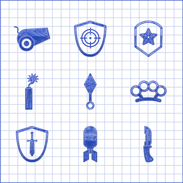 Set Japanese ninja shuriken, Aviation bomb, Military knife, Brass knuckles, Medieval shield with sword, Dynamite stick clock, Police badge and Cannon icon. Vector - Vector, Image