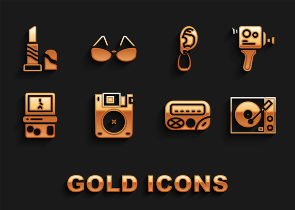 Set Floppy disk, Retro cinema camera, Vinyl player, Pager, Tetris, Ear with earring, Lipstick and Glasses icon. Vector - Vector, Image