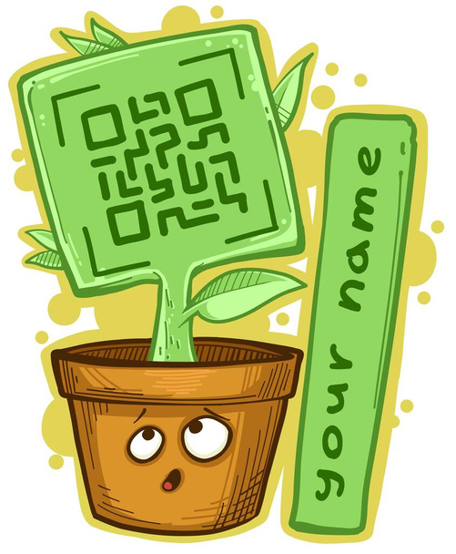 Cartoon green plant in pot with QR code - Vector, Image