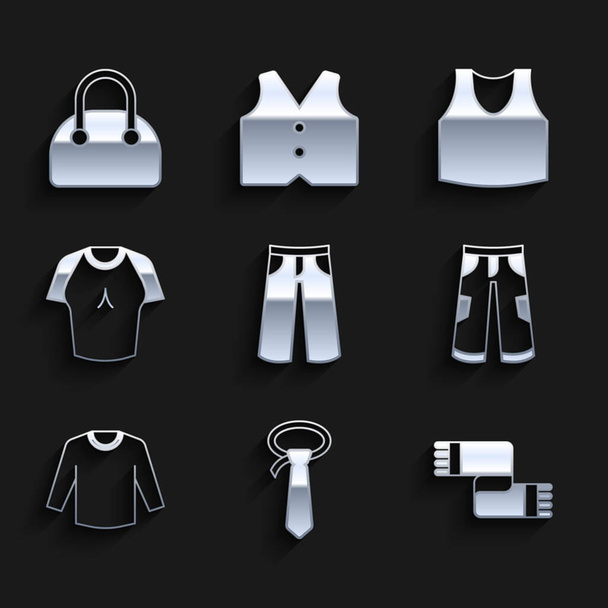 Pantolon, kravat, eşarp, kazak, tişört, atlet ve el çantası ikonu. Vektör - Vektör, Görsel