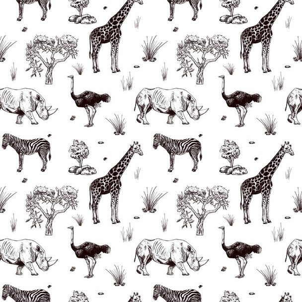 На білому тлі безшовні дикі сафарі ізольовані. Африканські тварини жирафи, страуси, носороги, зебри в гравіруванні. Текстильний дизайн монохромного друку савани. Приклад вектора - Вектор, зображення