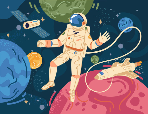 Astronaut in outer space, color planets background - Vector, Image