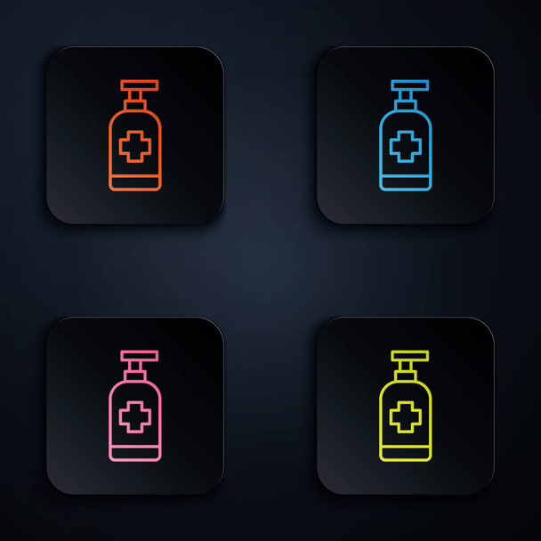 Színes neon vonal Folyékony antibakteriális szappan palack adagoló ikonnal, fekete alapon izolálva. Fertőtlenítő. Fertőtlenítés, higiénia, bőrápolás. Állítsa ikonok négyzet gombok. Vektor - Vektor, kép