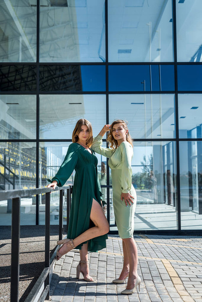 hermosa 2 chicas posando en verano en la naturaleza en vestidos verdes magníficos. retrato femenino - Foto, imagen