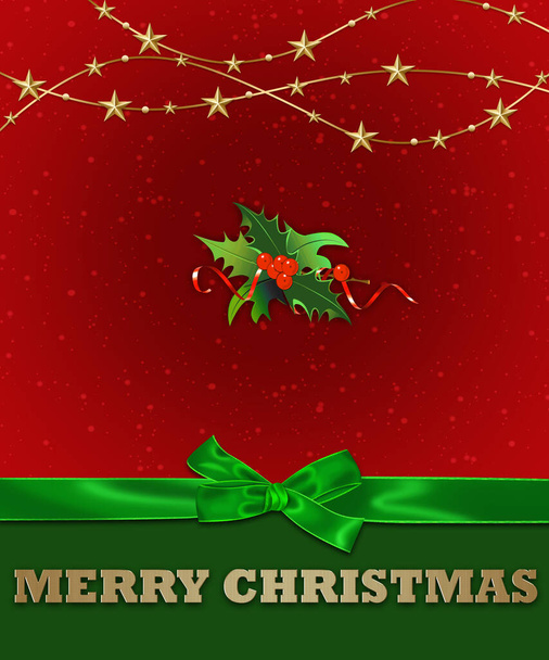 Christmas greeting card with holly berry and green ribbon. - Photo, Image