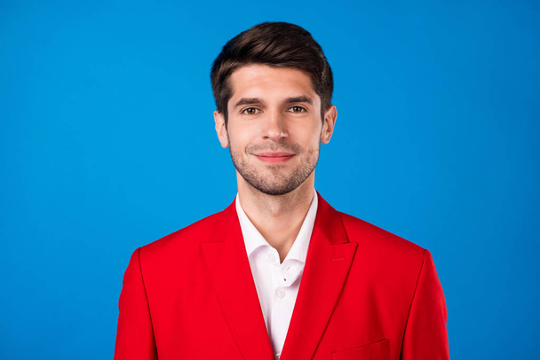 Photo of young handsome business man happy positive smile confident isolated over blue color background - Foto, imagen