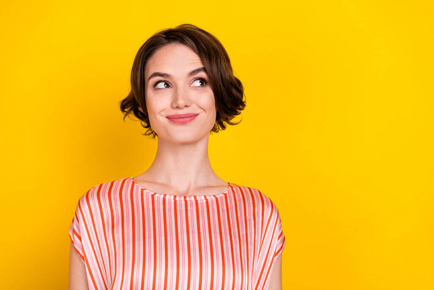 Photo of cheerful young happy positive woman look empty space smile imagine isolated on yellow color background - Φωτογραφία, εικόνα