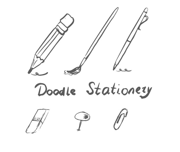 Forniture scolastiche Doodle disegnate a mano vettoriale isolate su sfondo bianco. Contiene elementi come matita, pennello, penna, gomma, spillo, graffetta. - Vettoriali, immagini