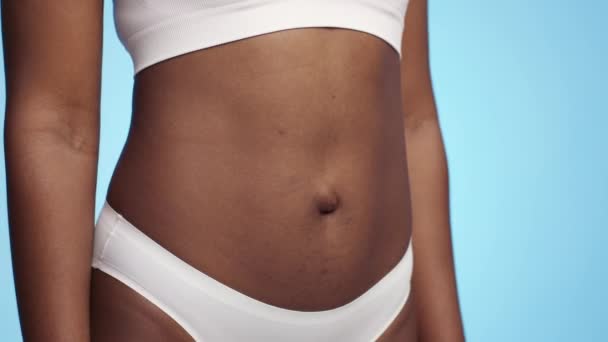 Schoonheid van het vrouwelijk lichaam. Onherkenbaar Afrikaans-Amerikaanse vrouw draagt ondergoed poserend over blauwe achtergrond, vrije ruimte - Video
