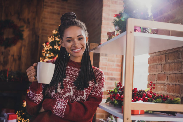 Photo of adorable positive relaxed lady drink x-mas coffee beverage wear pullover in decorated home indoors - Foto, Bild