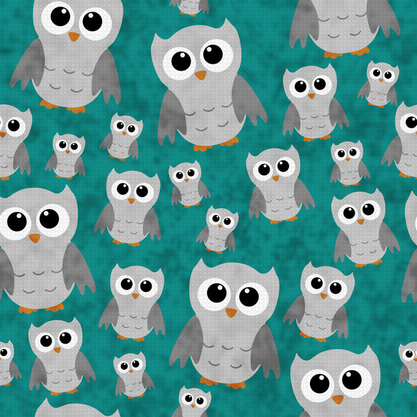 Gray Owls on Teal Textured Fabric Repeat Pattern Background - Photo, Image