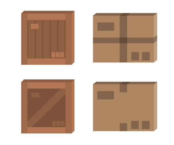 Vector cardboard box mockup set. Carton and wooden box simple flat illustration. - Vector, Image