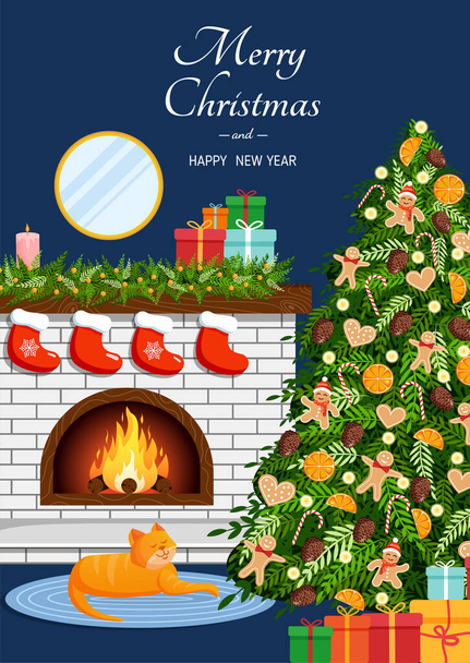 Joulun kodikas kodin sisustus takka, puu, lahjat ja kissa. Skandinavian ja hygge tyyliin. Vektori huone kuvitus postikortti, banneri, juliste, verkkosivusto - Vektori, kuva