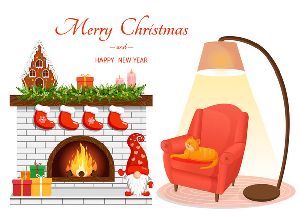 Рождественский уютный интерьер с камином, креслом, кошкой и лампой. Скандальный и истеричный стиль. Векторная иллюстрация комнаты для открытки, баннера, плаката, сайта - Вектор,изображение