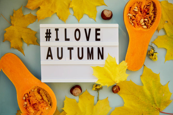 Autumn decorations and food background. Text hashtag I love autumn. Orange teacup, fresh pumpkins, yellow leaves and chestnuts. Top view. High quality photo - Photo, Image