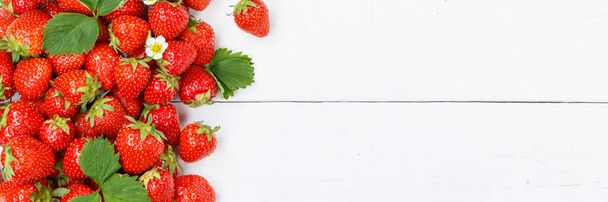 Strawberries berries fruits strawberry berry fruit with copyspace copy space on a wooden board panorama summer - Foto, afbeelding