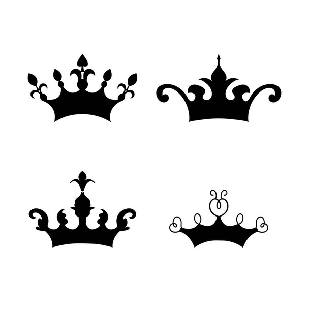 Набор черных королевских корон и значок изолированы на белом фоне. Эмблема и королевские символы. - Фото, изображение