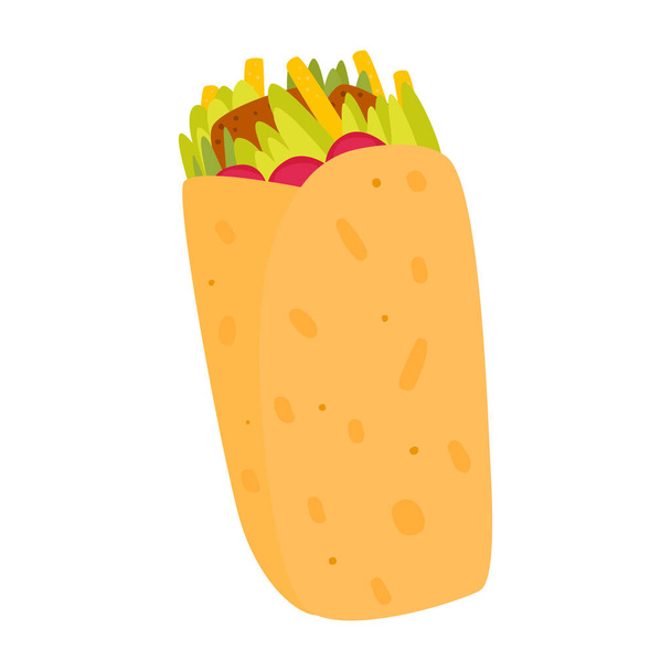 Shawarmalı çizgi film sandviçi. Geleneksel sokak yemekleri. Burrito, taco, doner kebap. Beyaz arkaplanda izole edilmiş vektör illüstrasyonu. - Vektör, Görsel