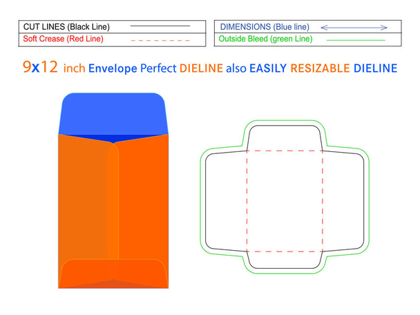 Catalogus enveloppe of beleid open end enveloppe 9x12 inch dieline template en 3D-enveloppe aanpasbaar gemakkelijk aanpasbaar - Vector, afbeelding
