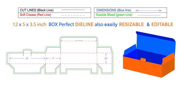Groot formaat Chirurgisch masker doos dieline en 3D box vector bestand 12 x 5 x 3,5 inch doos dieline ook aanpasbaar en bewerkbaar - Vector, afbeelding