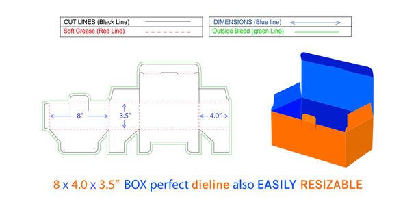 Face mask box dieline en 3D box vector bestand 8 x 4,0 x 3,5 inch box dieline ook aanpasbaar en aanpasbaar - Vector, afbeelding