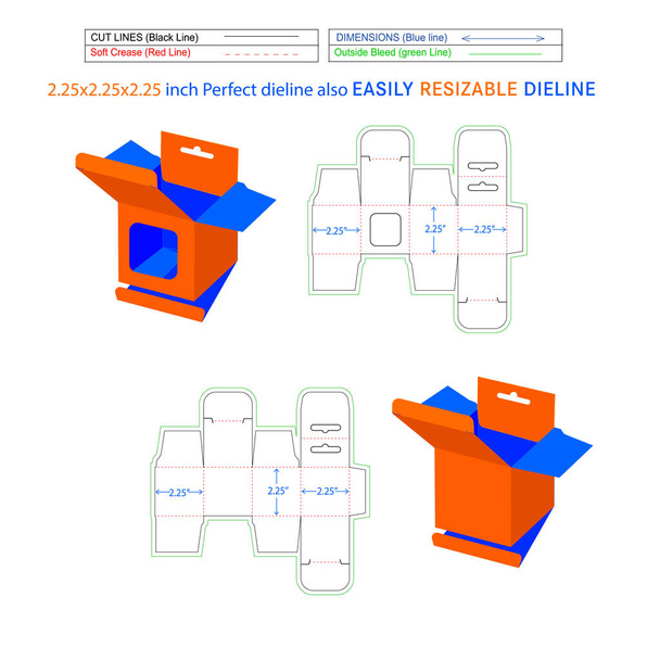 Caixa de carregador móvel de bloqueio de pressão quadrada, caixa de janela pendurada 2.25x2.25x2.25 polegadas caixa de design de embalagem dielina e caixa 3D - Vetor, Imagem
