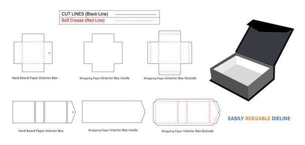 Háromszög arc luxus merev doboz, Mágneses merev dobozok dieline sablon és 3D-s doboz - Vektor, kép